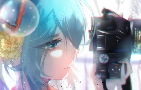 Flower, girl, camera, Hatsune Miku, Vocaloid