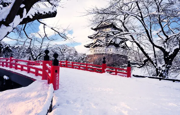 Picture winter, snow, trees, the city, Japan, the bridge, Hirosaki, © Glenn E Waters Photography