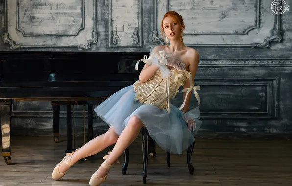 Girl, pose, piano, corset, red, legs, ballerina, redhead