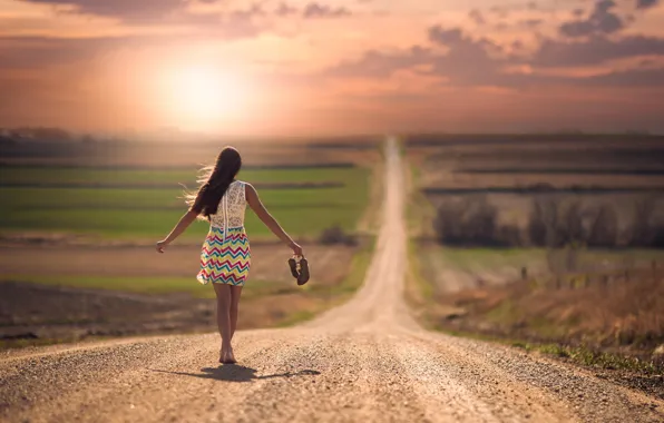 Road, girl, space, barefoot