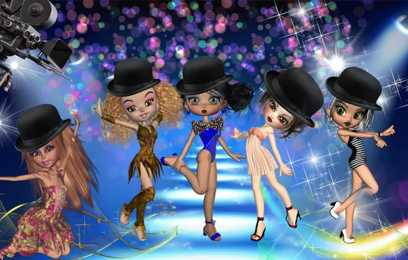 Girls, cartoon, dancing, Doll, girls, shiny, cartoon, dancing