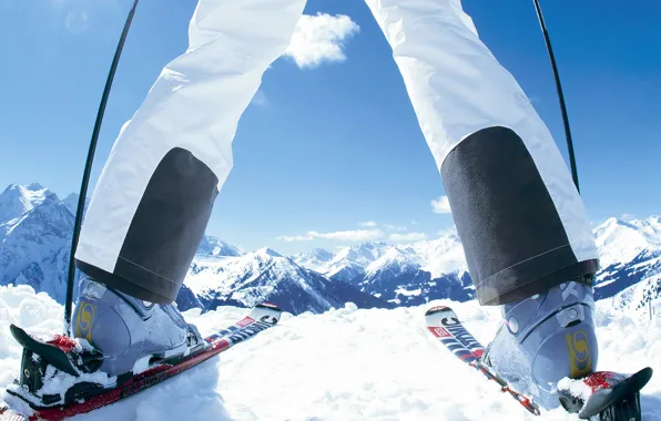 Picture snow, mountains, feet, sport, ski, skier