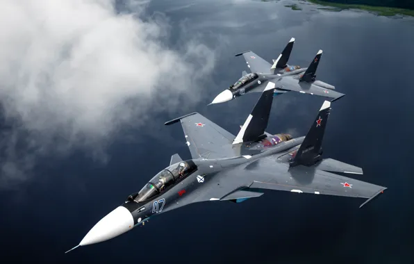Picture The plane, Flight, Pair, Russia, Navy, Su-30CM, Multi-role fighter