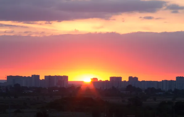 Picture the sky, the sun, clouds, sunset, building, home, the evening, Russia