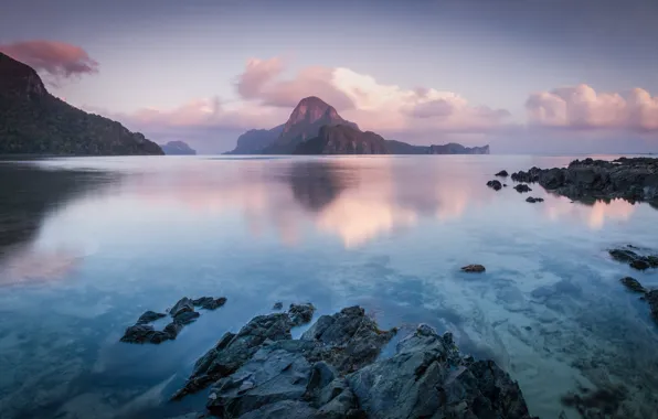 Water, surface, reflection, stones, the ocean, rocks, the evening