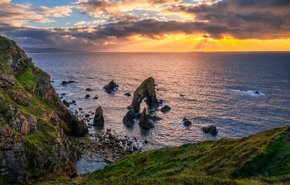 Sea, Ireland, Arch, Coast, Donegal, Sunrises and sunsets