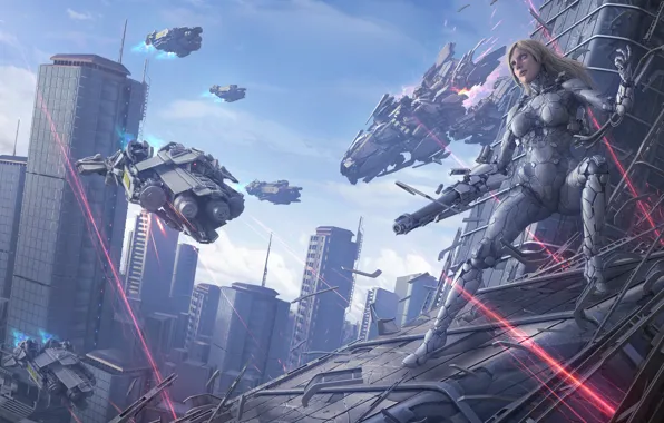 Girl, the city, fiction, skyscraper, laser, cyborg, Marauders, Rika