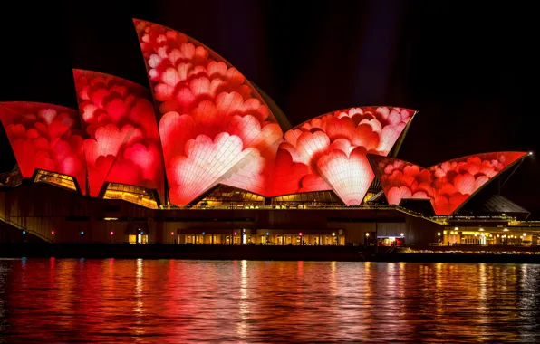 Sea, water, night, red, bright, the city, lights, glare