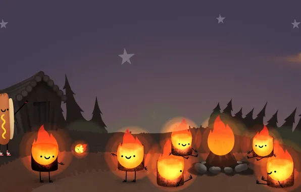 Forest, the sky, stars, nature, house, fire, stay, the fire