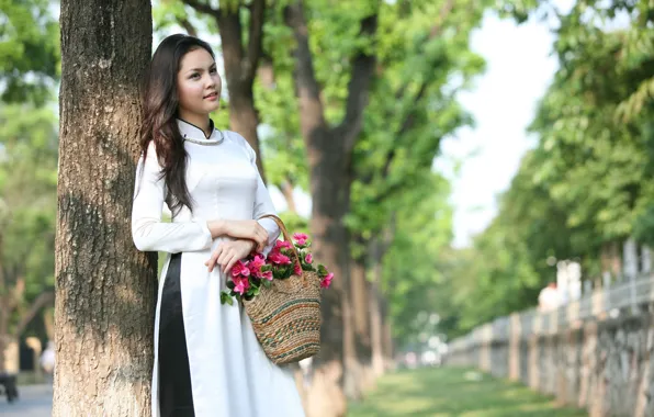 Picture girl, flowers, basket, dress, Asian, Vietnamese