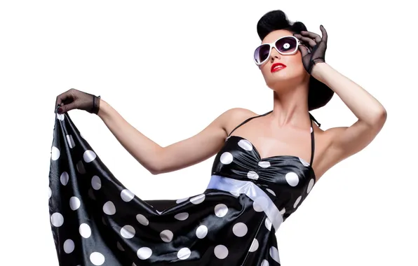 Picture girl, polka dot, hands, dress, glasses, white background, gloves
