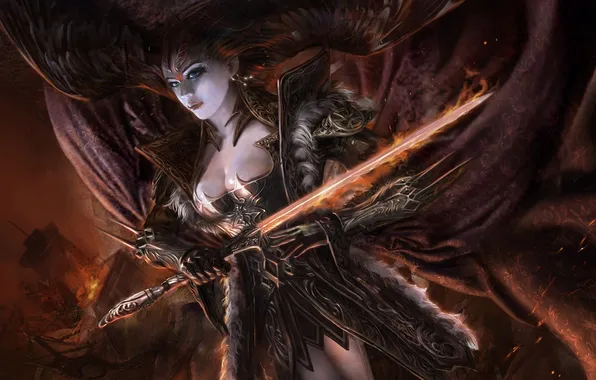 Picture girl, magic, sword, armor, cloak