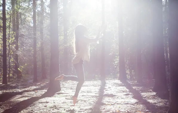 Picture forest, girl, light, trees, jump