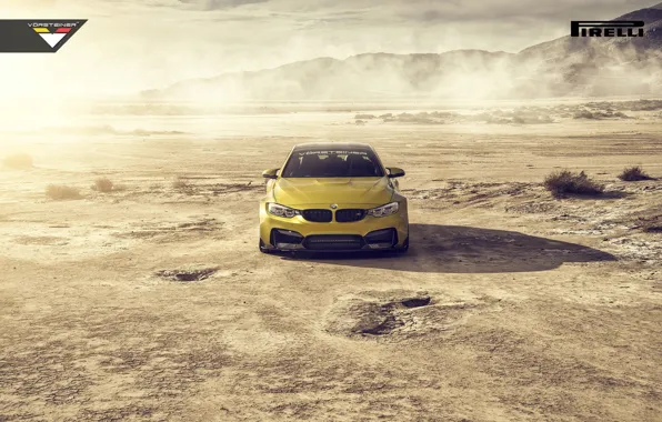 BMW, Car, Front, Vorsteiner, Yellow, Pirelli, Wheels, Desert