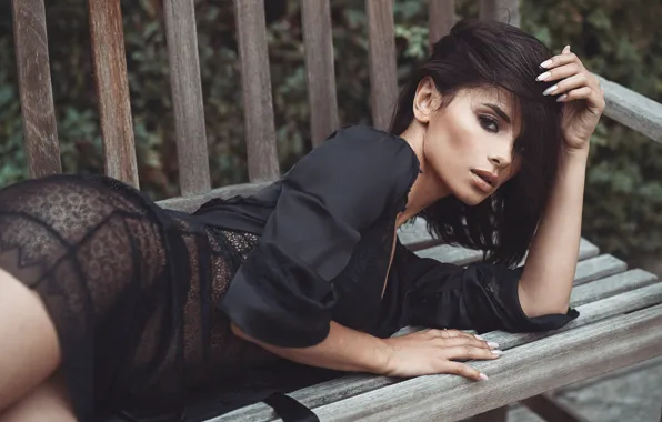 Bench, pose, makeup, figure, dress, brunette, hairstyle, lies