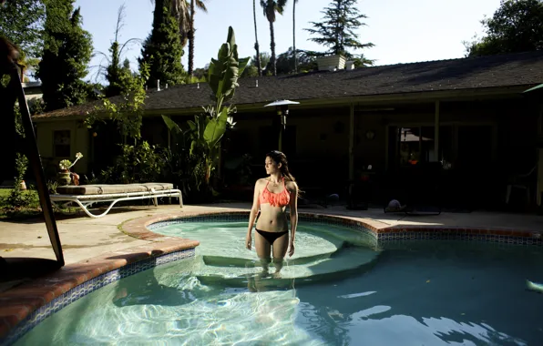 Girl, house, bra, pool, woman, water, model, tattoo