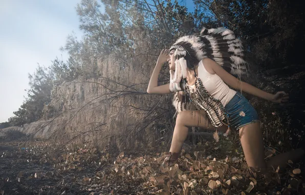 Picture girl, nature, feathers, headdress