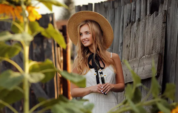 Picture dress, hat, flowers, model, fence, women, blonde, white dress