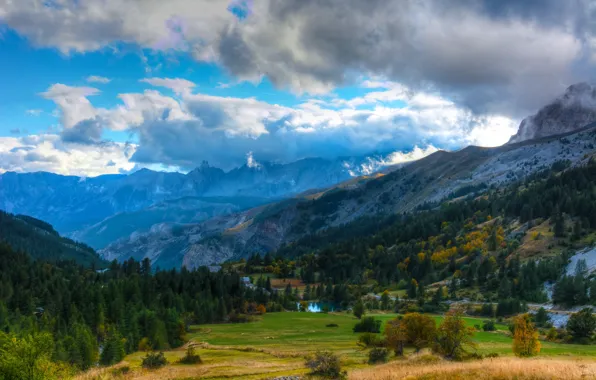 Picture clouds, mountains, France, field, valley, forest, Estenc