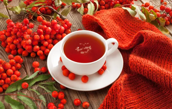 Autumn, leaves, branches, comfort, berries, table, tea, Board