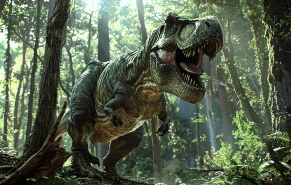 Trees, Teeth, Face, Predator, Dinosaur, Animal, Digital art, Tyrannosaurus