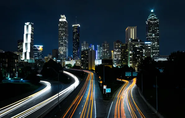 Picture skyscrapers, night city, skyscrapers, night city, car lights, car lights