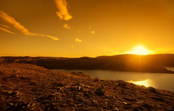 The sky, the sun, rays, sunset, mountains, lake, stones, rocks