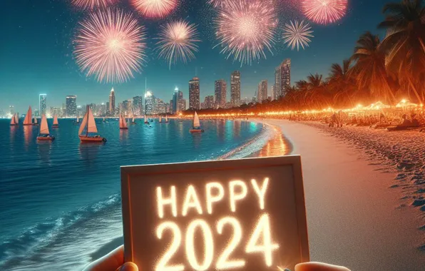 Sand, sea, wave, beach, night, the city, lights, tropics
