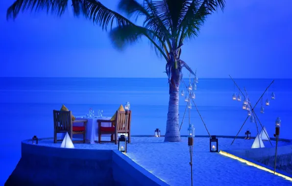 The ocean, romance, shore, the evening, candles, Maldives, dinner, Jumeirah Vittaveli resort