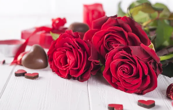 Gift, roses, bouquet, hearts, red, red, love, flowers