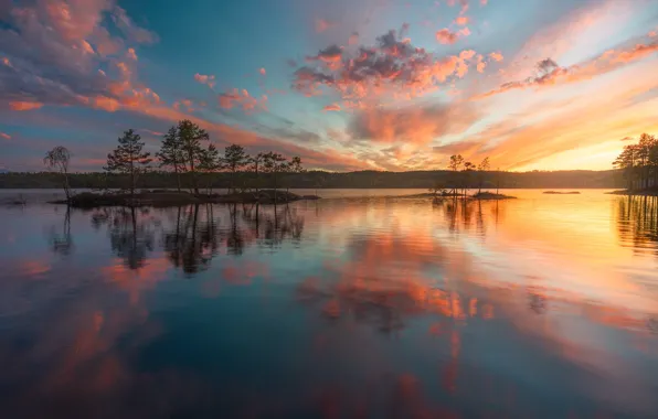 Trees, sunset, lake, Norway, island, Norway, RINGERIKE, Ringerike