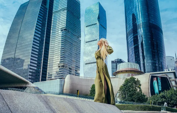Girl, the city, pose, model, building, dress, skyscrapers, Thank Aug