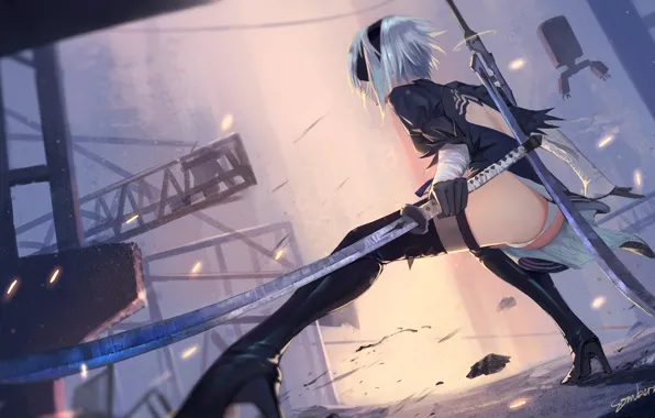 Girl, Figure, Sword, Android, Art, Nier, Katana, Illustration