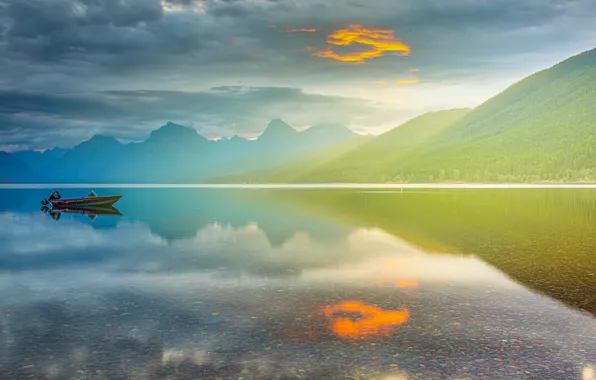 Forest, the sky, clouds, mountains, fog, lake, reflection, shore