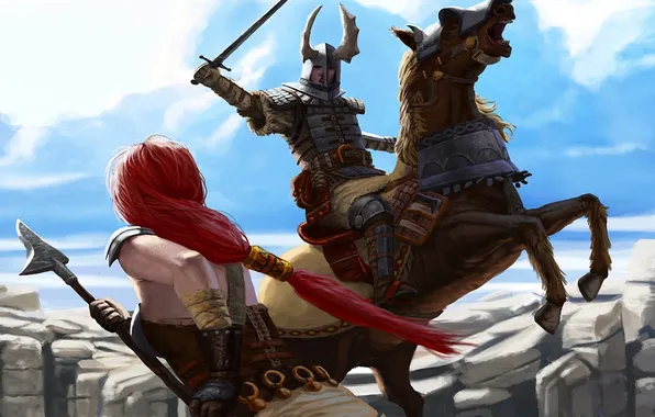Picture girl, weapons, rocks, horse, sword, warrior, art, horns