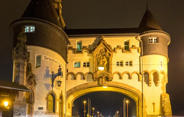 Night, lights, tower, gate, Germany, Rhineland-Palatinate, Traben-Trarbach