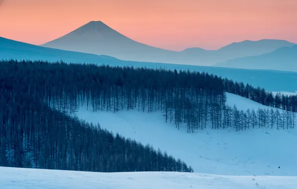 Winter, landscape, sunset, mountains