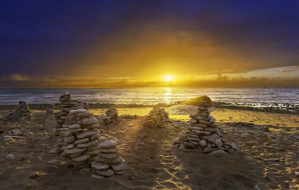 Sea, landscape, sunset, stones
