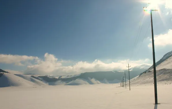 Winter, field, the sky, snow, posts