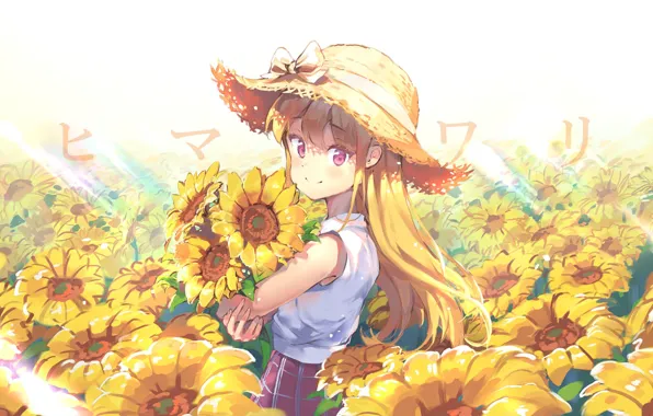 Wallpaper summer, sunflowers, bouquet, girl, bow, vacation, the rays of the sun, long hair
