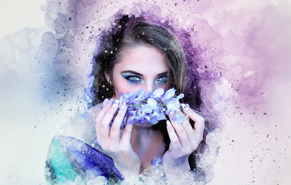 Picture look, flowers, background, hands, girl art