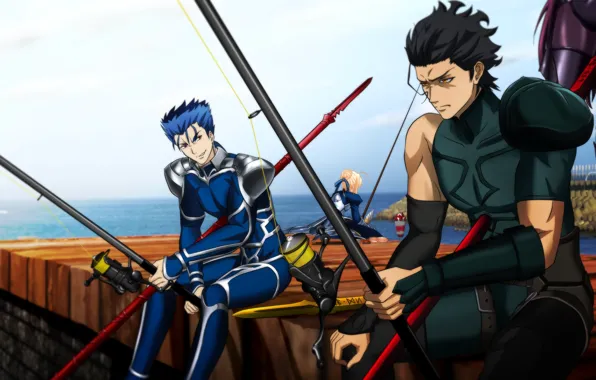 Wallpaper fishing, art, guys, Fate Stay Night, Lancer, fishing rods,  servants, Fate Zero for mobile and desktop, section прочее, resolution  2844x1600 - download
