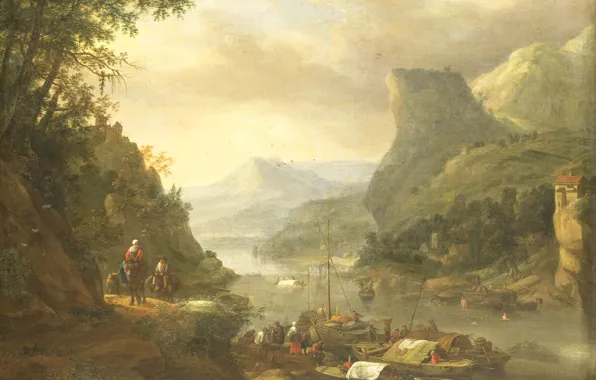 Picture Herman Saftleven, picture, canvas, oil, 1685, Herman Saftleven, landscape, The River view in a Mountainous …