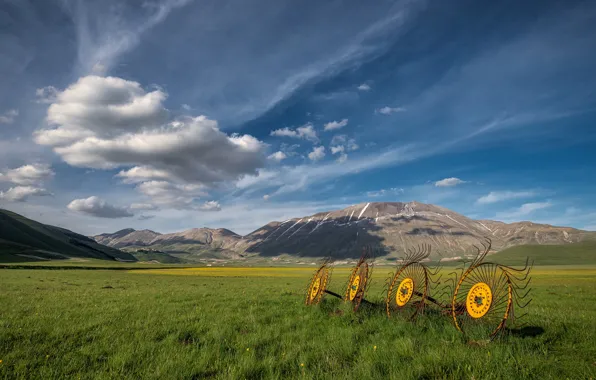 Field, the sky, grass, clouds, mountains, blue, hills, meadow