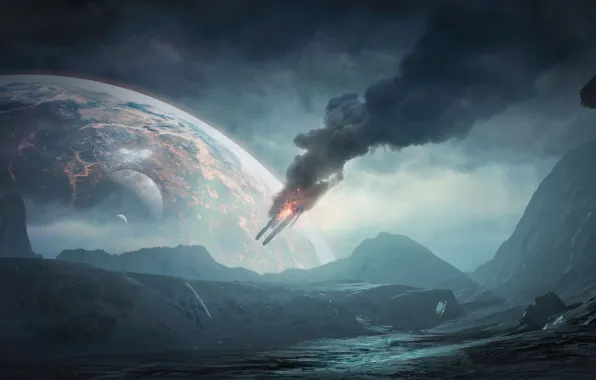 Mountains, Smoke, Planet, Space, Earth, BioWare, Mass Effect, Electronic Arts