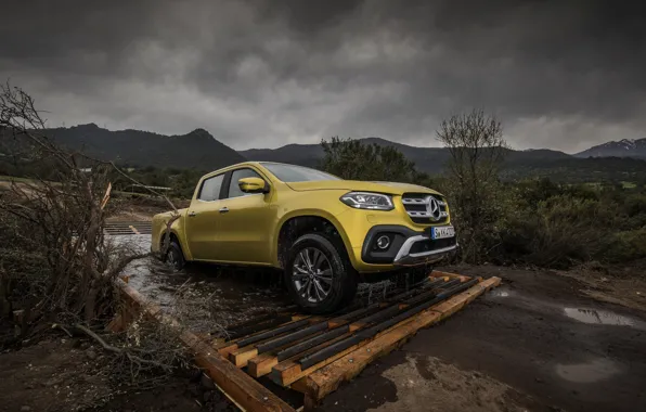 Picture road, water, yellow, Mercedes-Benz, pickup, 2017, X-Class, drains