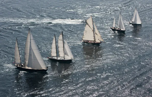 Sea, ships, sails, parade, rank, regatta, mast, building