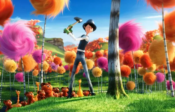 Picture forest, cartoon, axe, colors, the lorax, Danny DeVito, the lorax