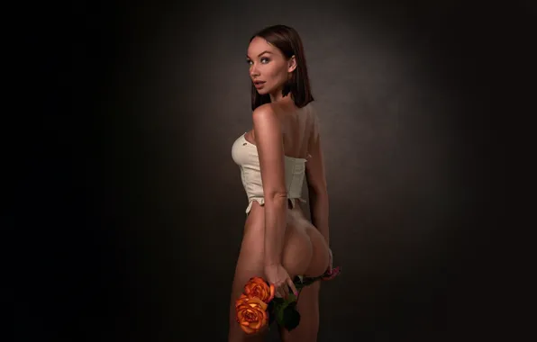 Girl, rose, ass, studio, model, women, brunette, hips