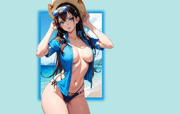 Girl, hot, sexy, beach, ocean, hat, boobs, anime